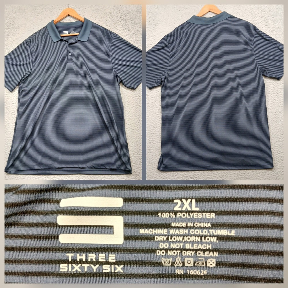 Three Sixty Six Polo Shirt Mens 2XL Blue Striped Performance Golf Athletic